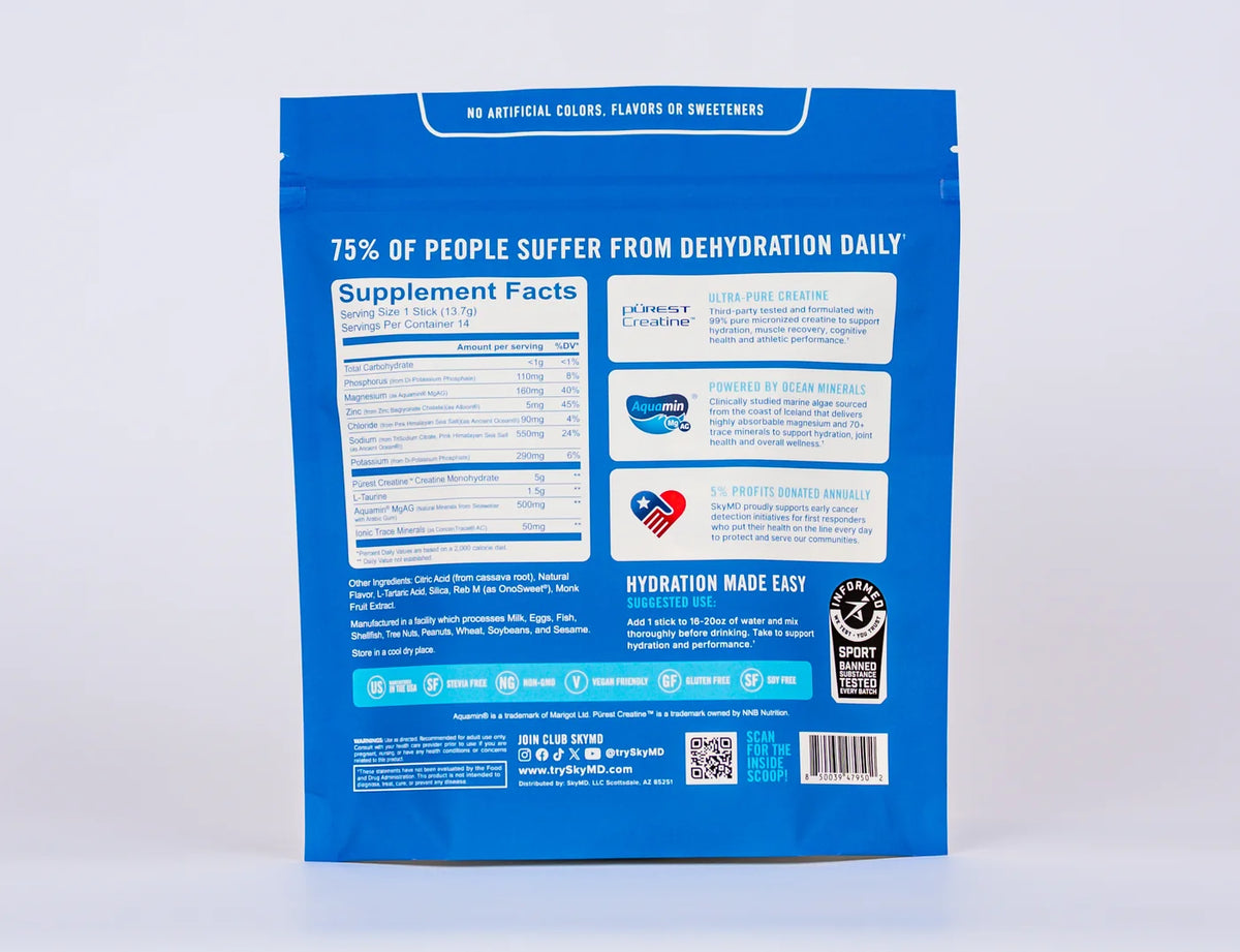 The back of a SkyMD Hydration + Creatine pouch showing the supplement facts panel